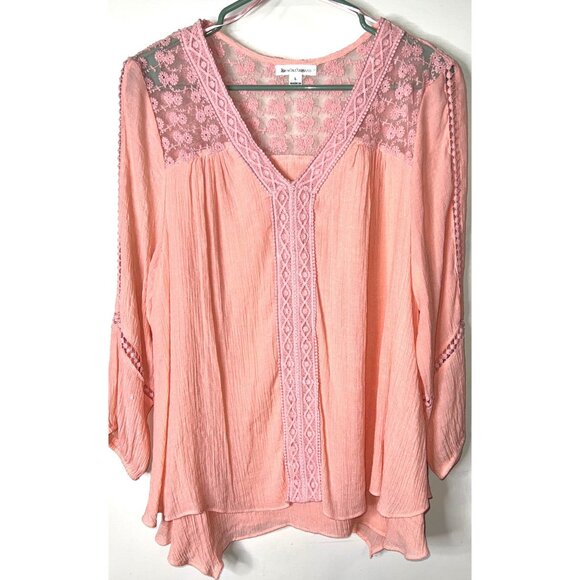 John Paul Richard Pink Lace Peasant Blouse Large 3/4 Elastic Sleeve (19in) - Picture 1 of 5